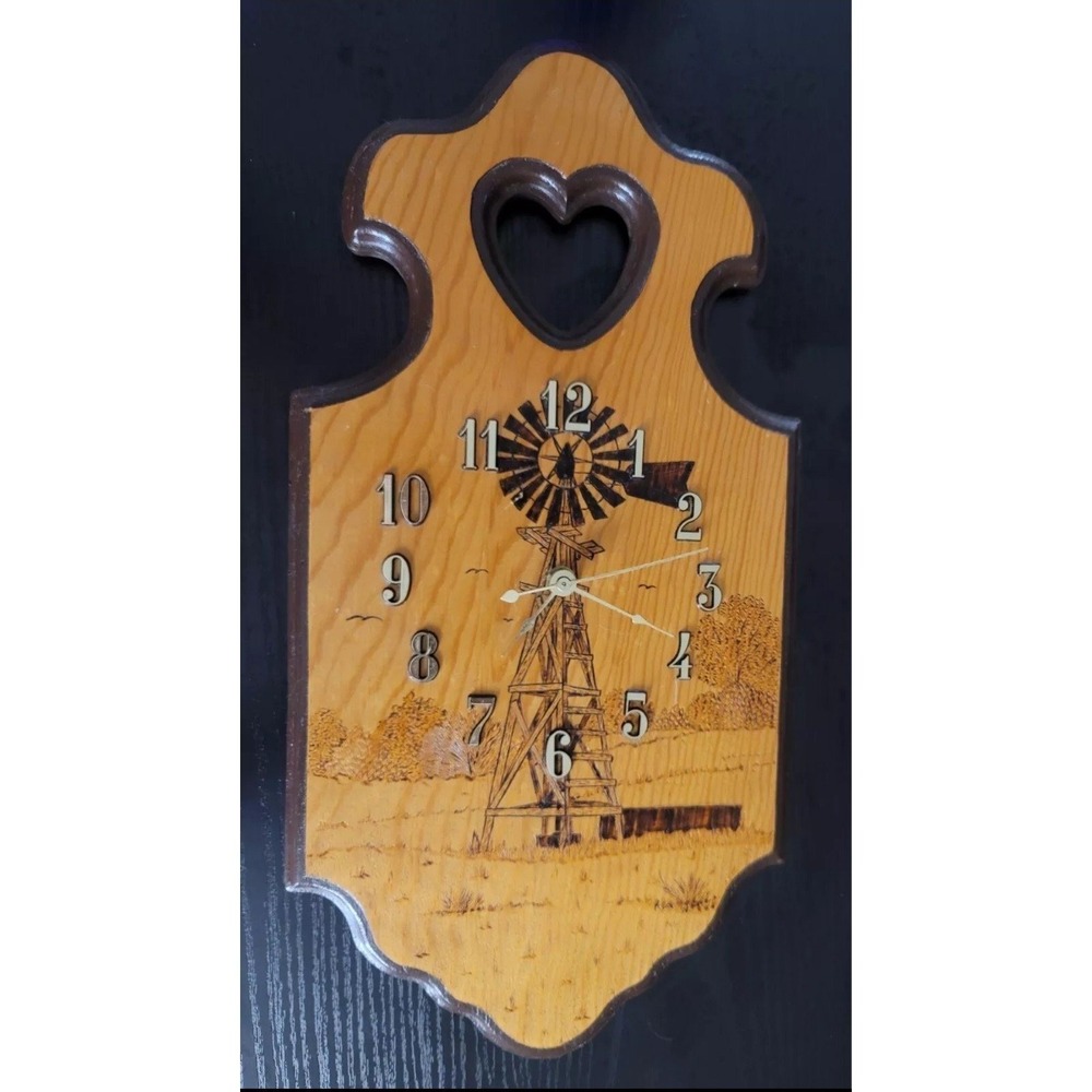 Vintage Engraved Wood Windmill Wall Clock Works Farm Homestead Farmhouse Ranch